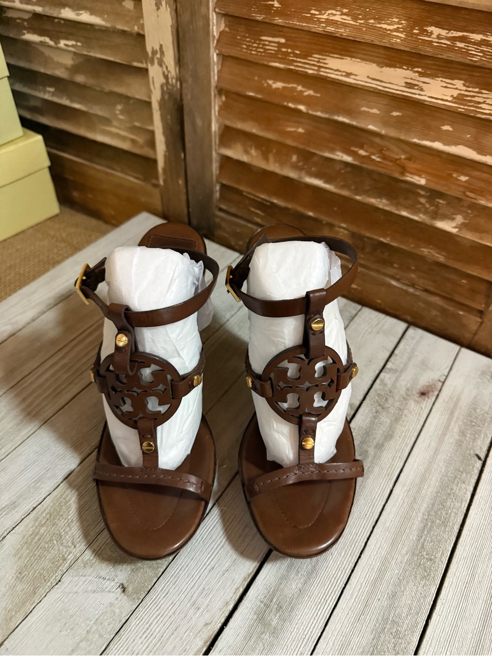 Tory Burch Miller High Heel Sandals Brown Leather T-Strap Pump Platform